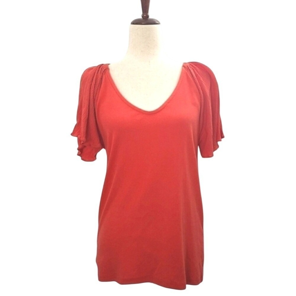 LOFT Women Coral Orange‎ Flutter Sleeve V-Neck Ribbed Knit Top Large